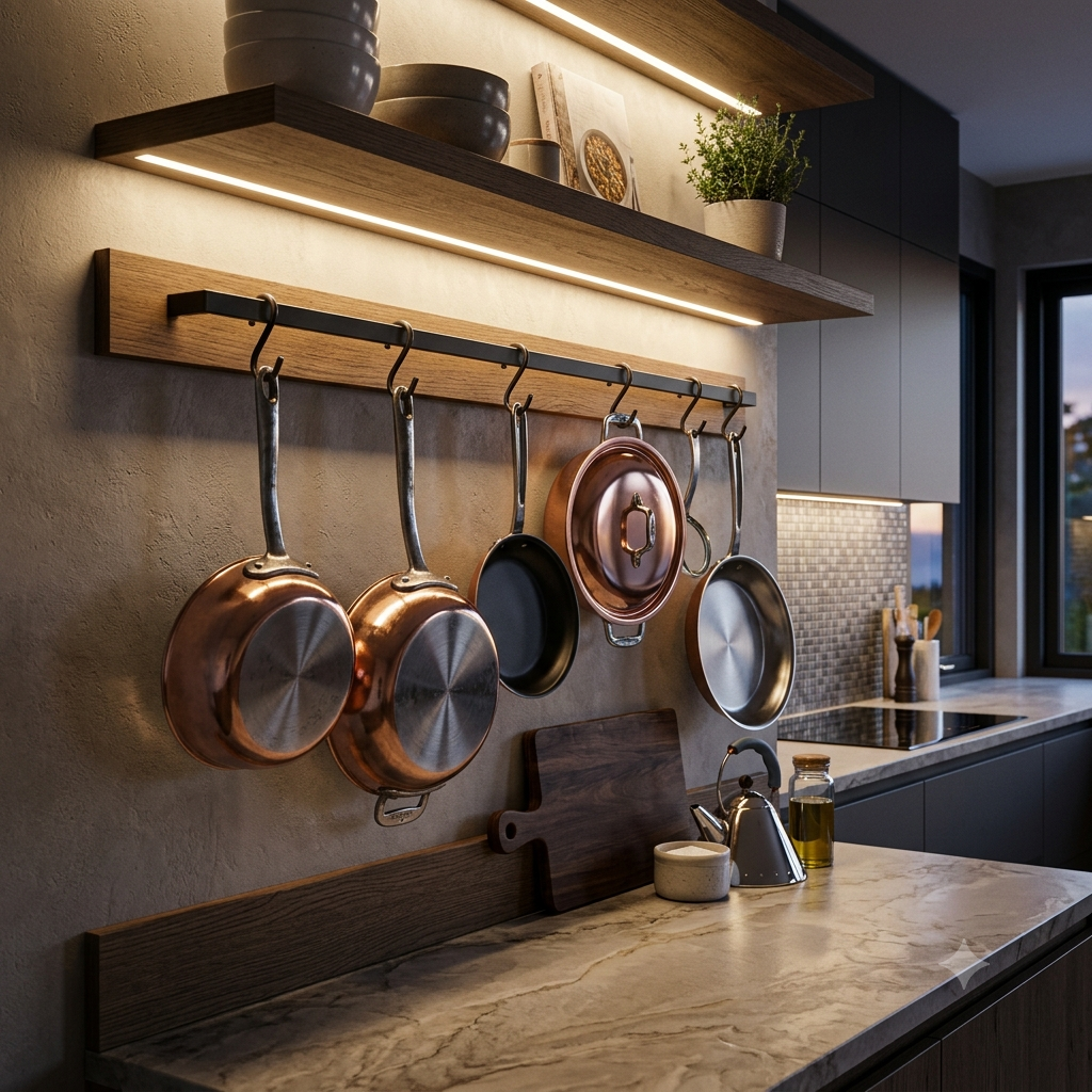 Kitchen storage rail for vertical cookware organization, efficient pull-out rack system for compact kitchens